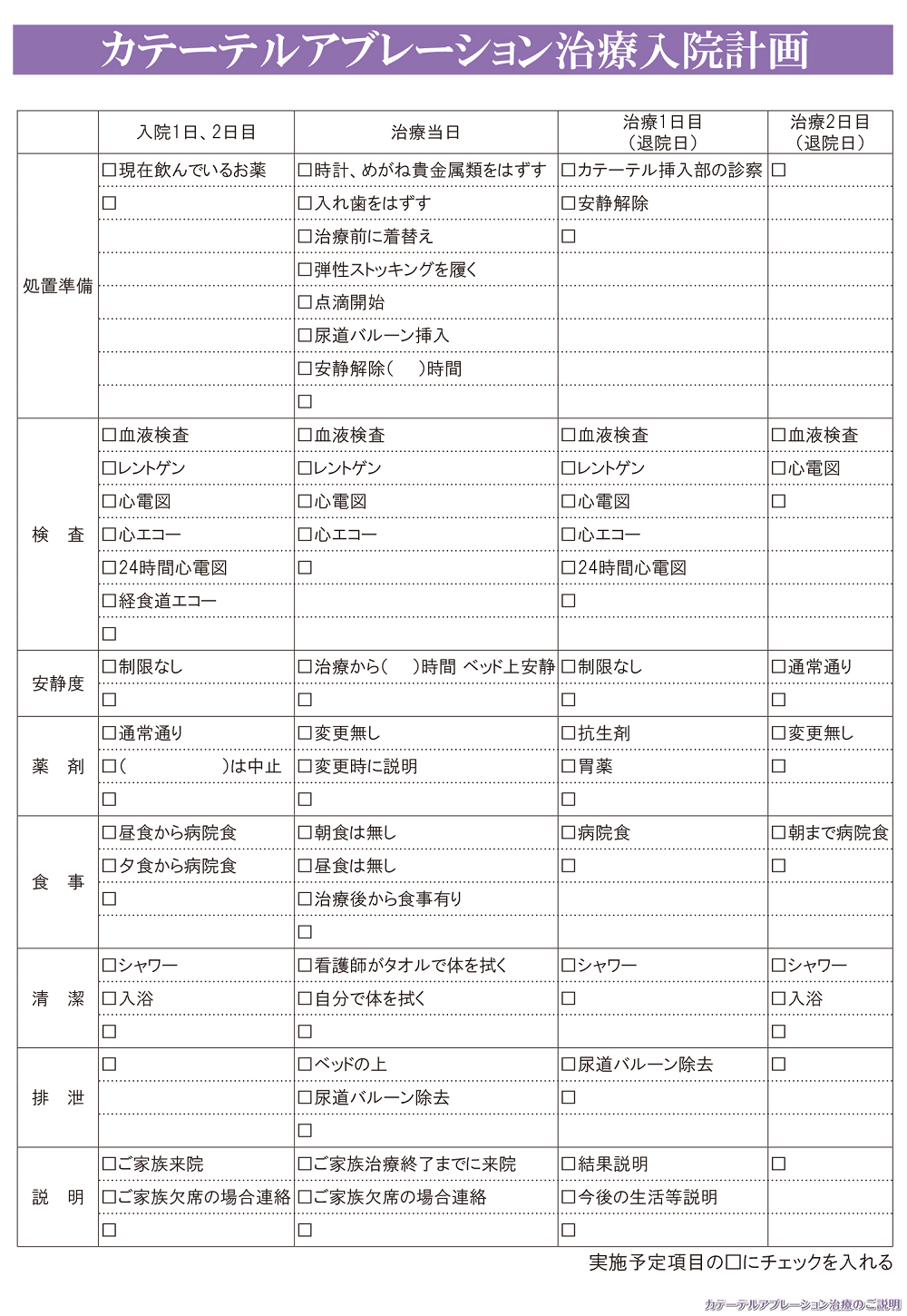 カテーテルアブレーション治療入院計画