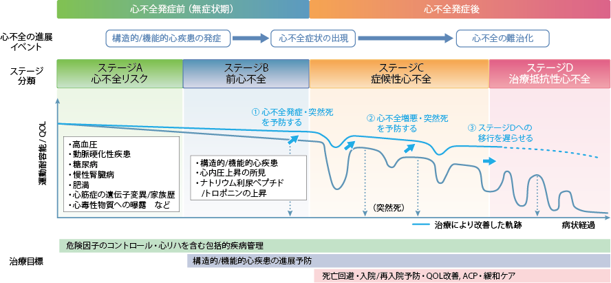 図1 心不全ステージの治療目標と病の軌跡（イメージ図）