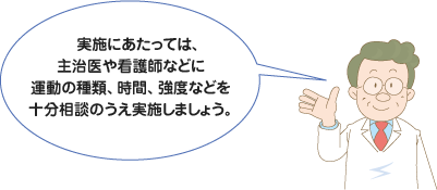 実施にあたっては、主治医や看護師などに運動の種類、時間、強度などを十分相談のうえ実施しましょう。